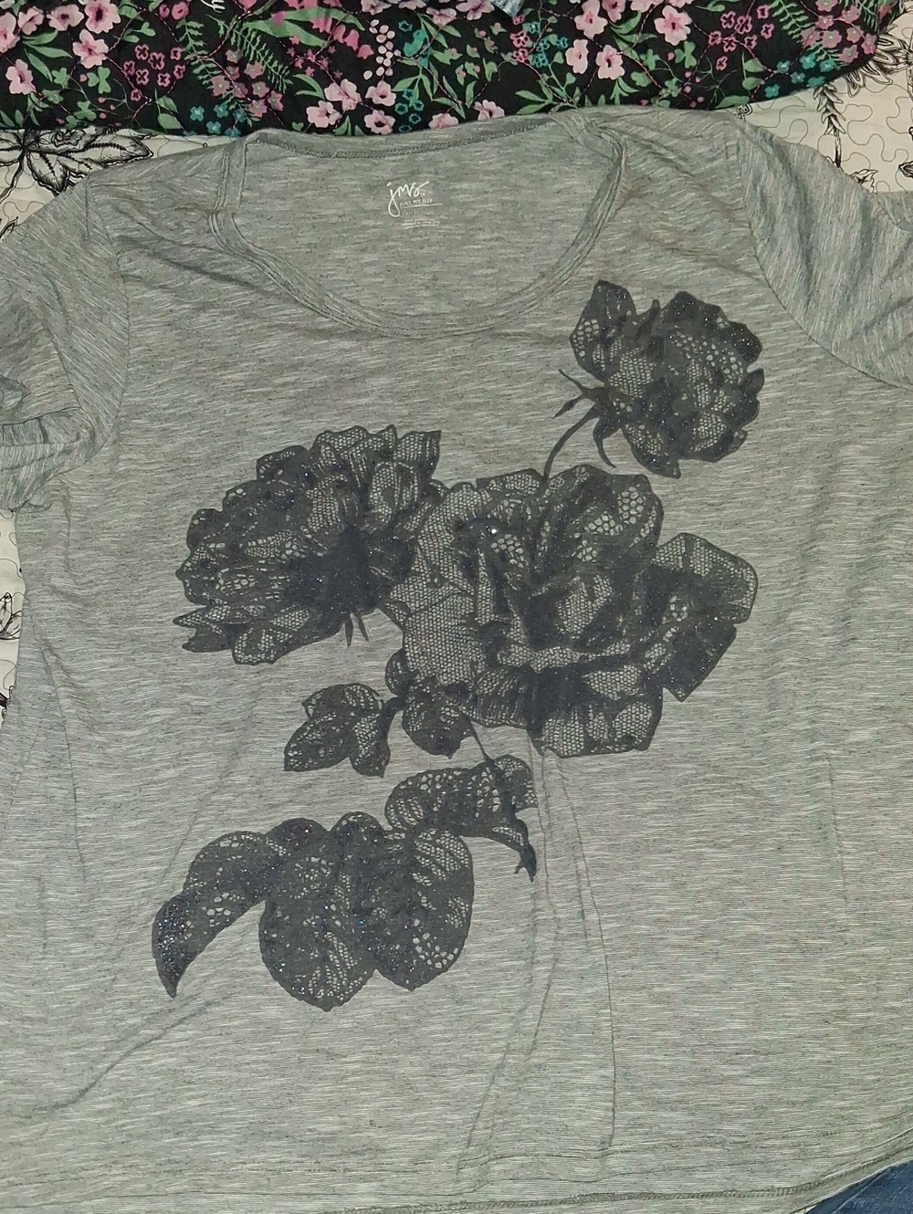 Just My Size Gray Short Sleeve Tee with Black Floral Lace Graphic